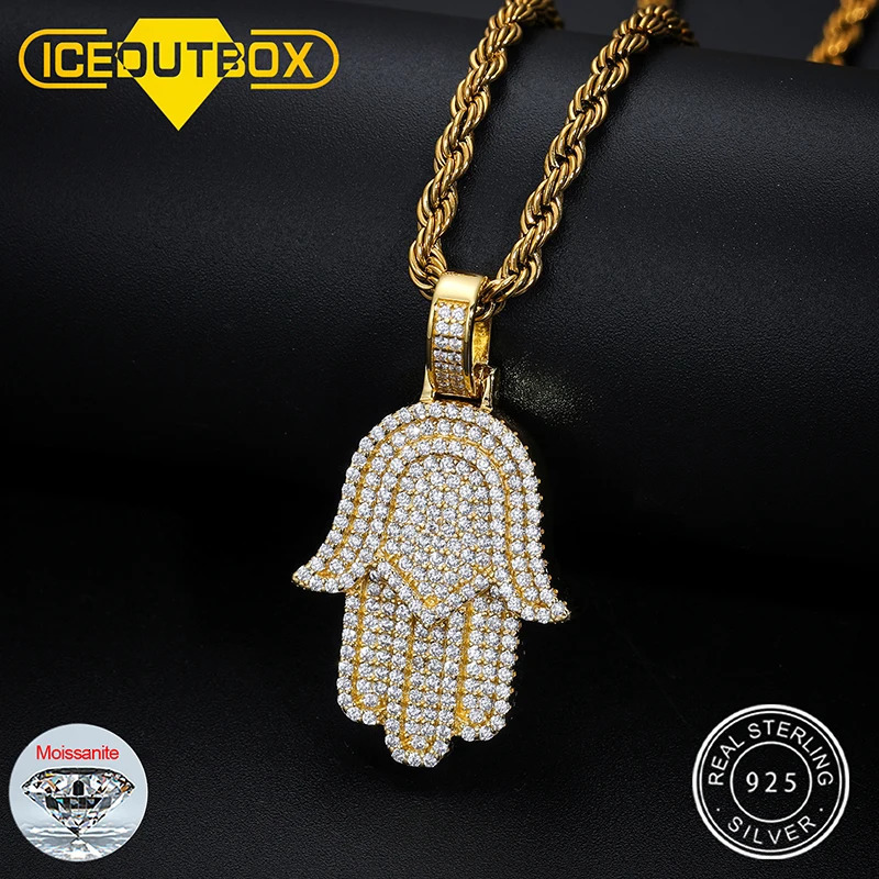 Iced Out Bling Hamsa Hands Pendants Necklaces S925 Silver Charm For Men Women Hip Hop Jewelry Passed Diamond Test 250717