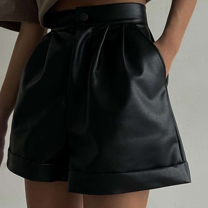 PU Leather Style Women's Fashion Autumn New Loose A-Line Wide-Leg Zipper Shorts B5