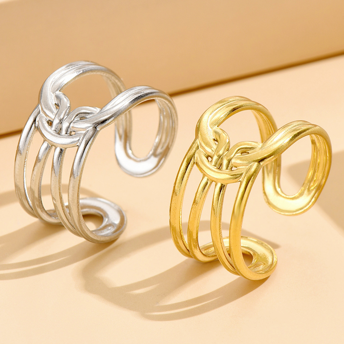 Designer Ring for Women Stainless Steel Line Knotting Design Open Ring Vacuum Gold Plated Non Fading Jewelry