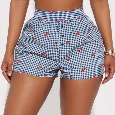 Women's Home Casual Hot Pants Cherry Plaid Print Button Beach Vacation Style High Waist Shorts B5