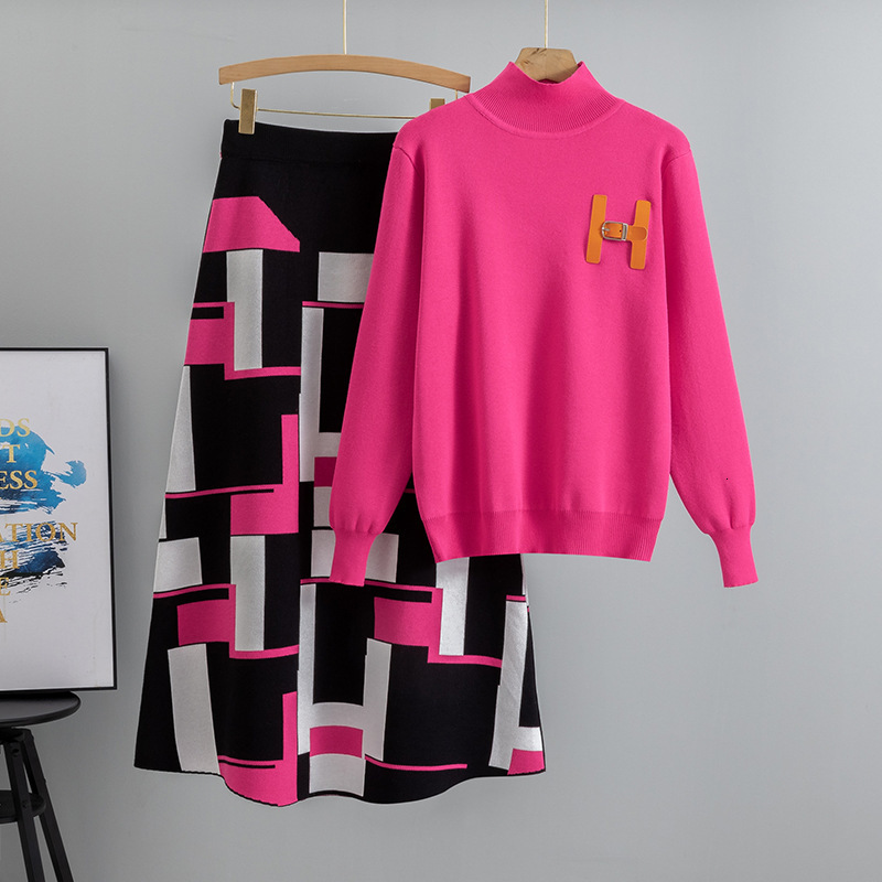 Color-Block Sweater and Skirt Set for Women Autumn Winter Knitted Top Two-Piece Set 250718