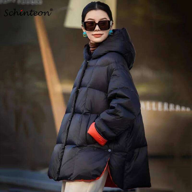 Schinteon Women Jacket Casual Loose Over Size Warm Autumn Winter Outwear White Duck Down With Hood Fashion Coat 2024 New MDNG