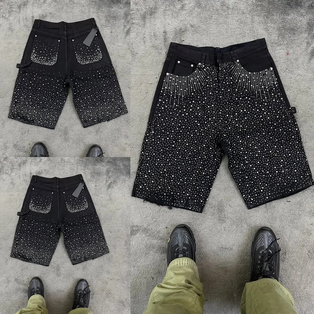Streetwear Retro Black Starry Rhinestone Sequin Denim Shorts Y2K Jeans Men Women Hip Hop Washed Baggy Over The Knee Pants 250717