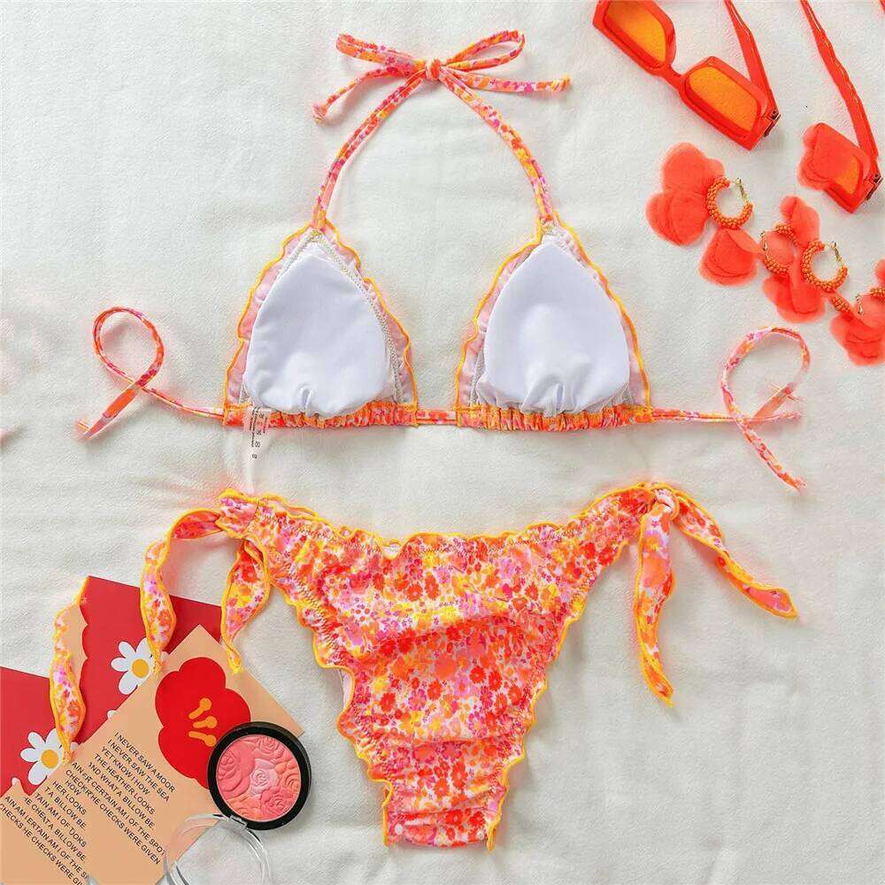 Orange Floral Print Halter String Triangle Bikini Ruched Edge Sexy Swimsuit Women 2025 Holiday Swimwear Bathing Suit Bikinis Set