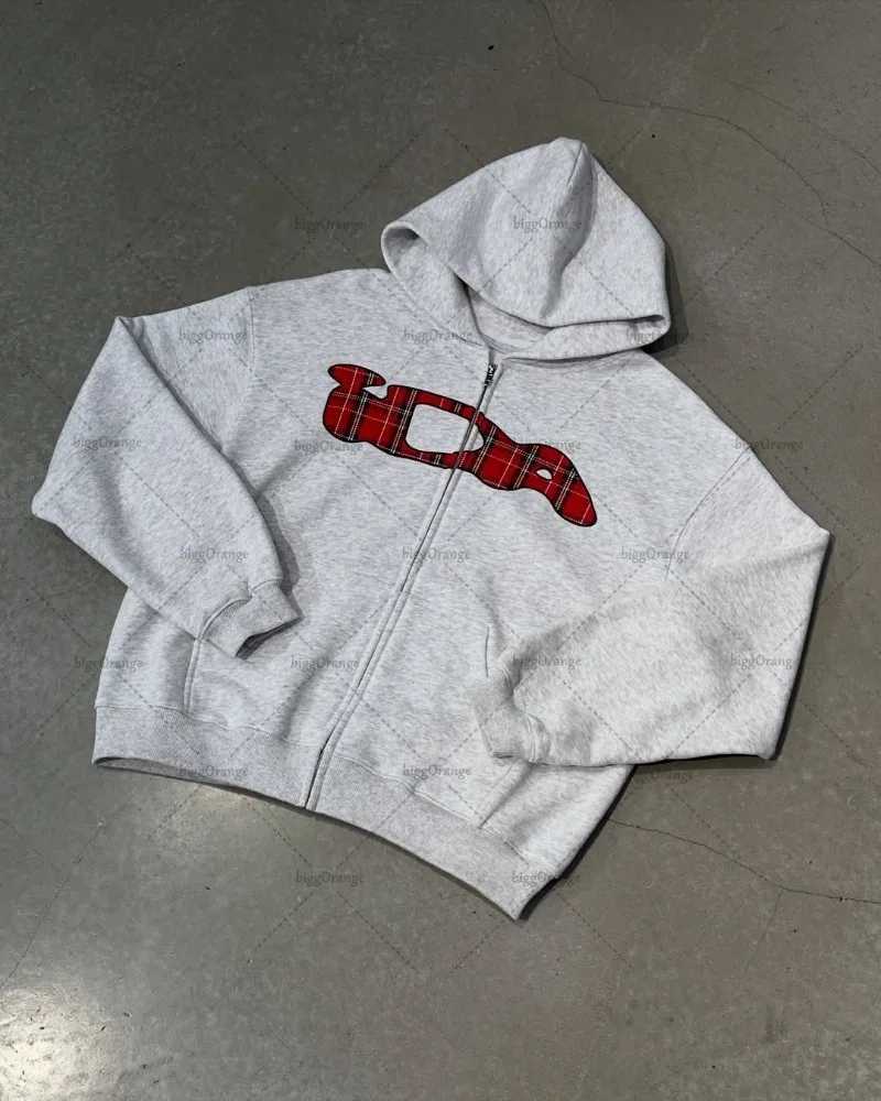2025 New American Retro Plaid Printed Zipper Hoodie Men Trendy Harajuku Y2K Streetwear Women Hip-hop Casual Oversized Sweatshirt X2507181