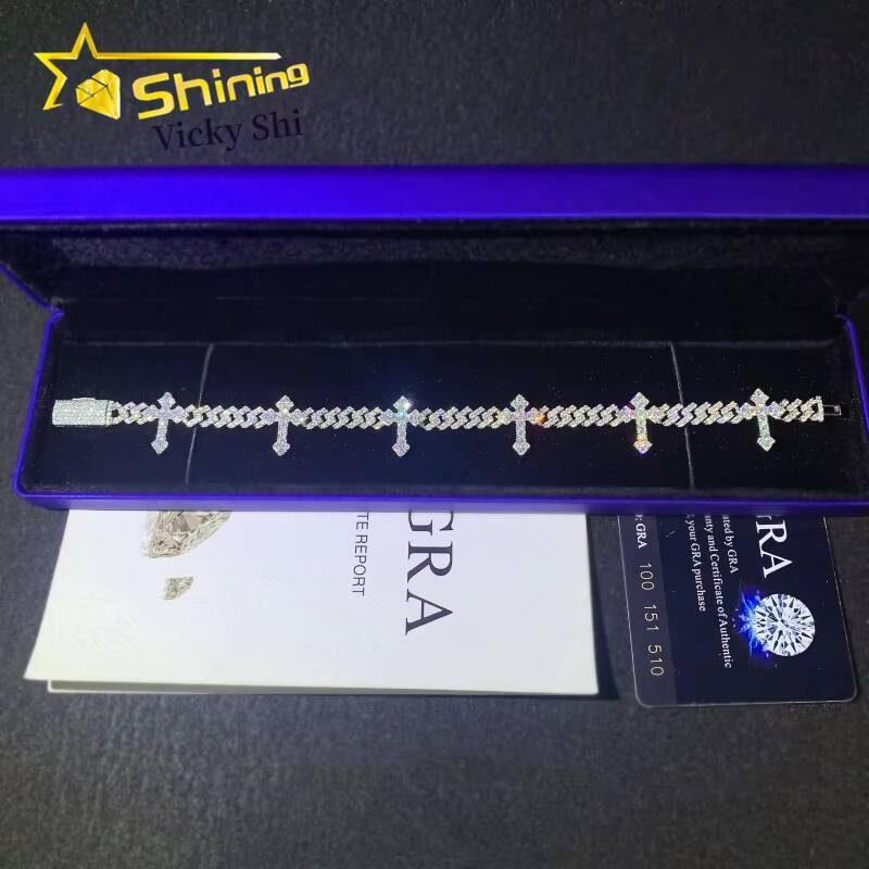 Fine Jewelry Iced Out Cross Design Moissanite Cuban Bracelet 925 Sterling Silver 6mm Hip Hop Cuban Link Bracelet