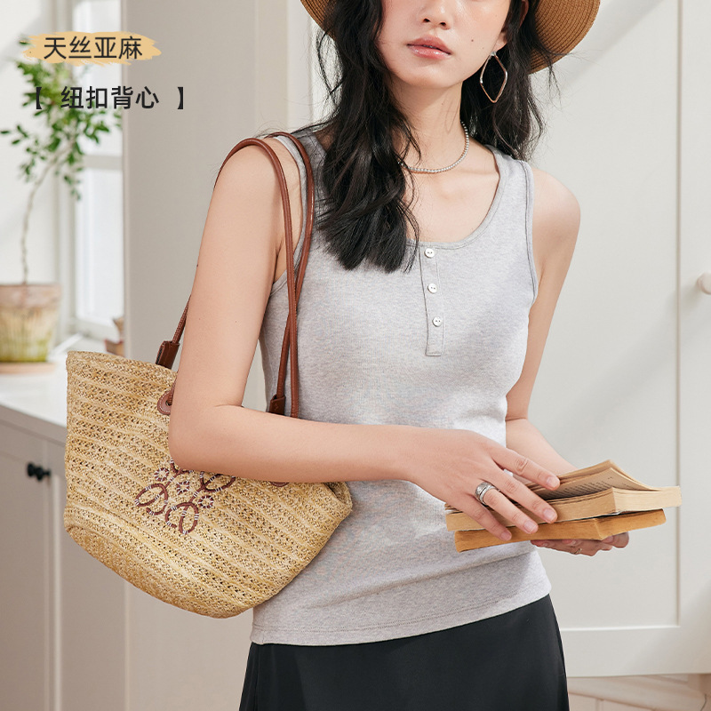 Spring Summer Solid Color Lyocell Camisole for Women 2025 New Tencel Linen Button Vest Skin-Friendly Inner Layer Base Shirt 240516