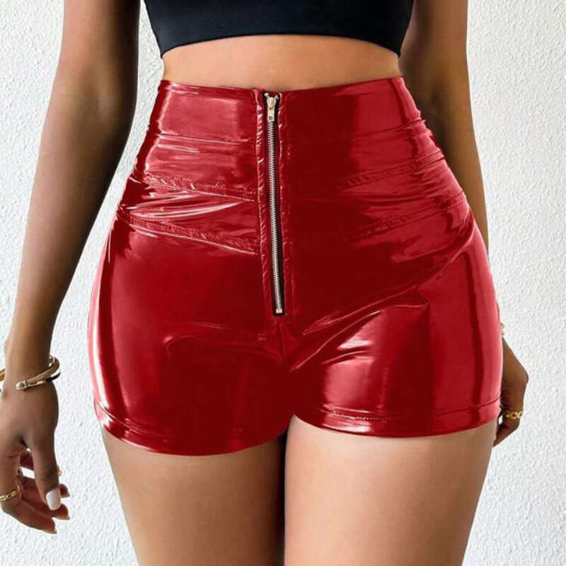 Autumn New Women's PU Leather Mirror High Waist Stretch Spliced Metal Zipper Shorts B5