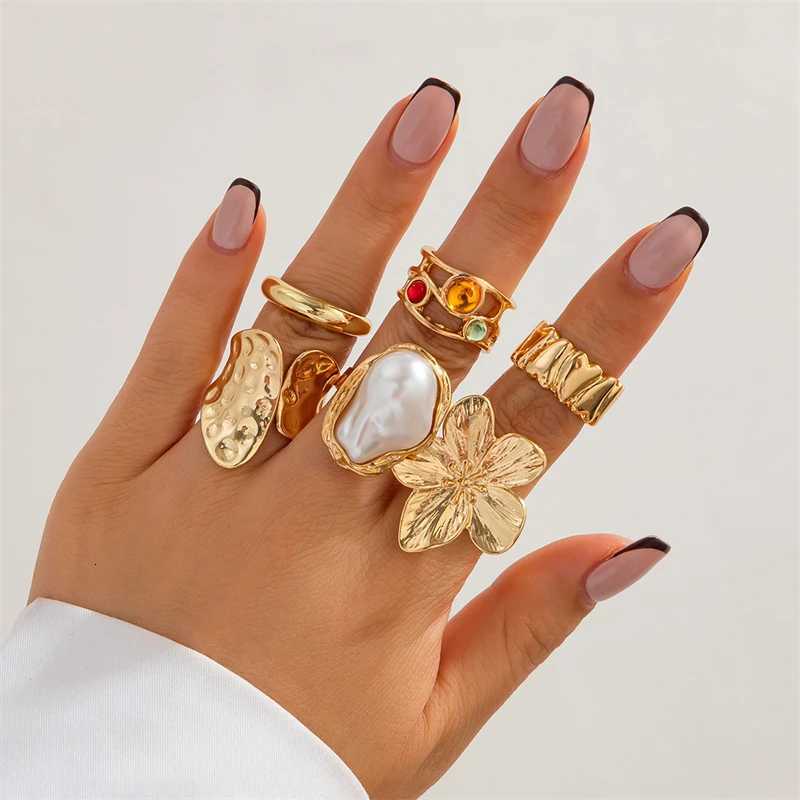 Punk Vintage Irregular Liquid Metal Finger Rings Set for Women Men Flower Geometric Pearl Open Rings Luxury Trendy Jewelry X250718