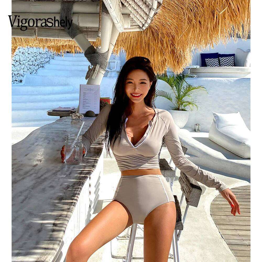 Vigorshely 2024 Sexy Korean Long Sleeve Sports Bikini Set Zipper Swimsuit Push UP Solid Swimwear Women High Waist Bathing Suit