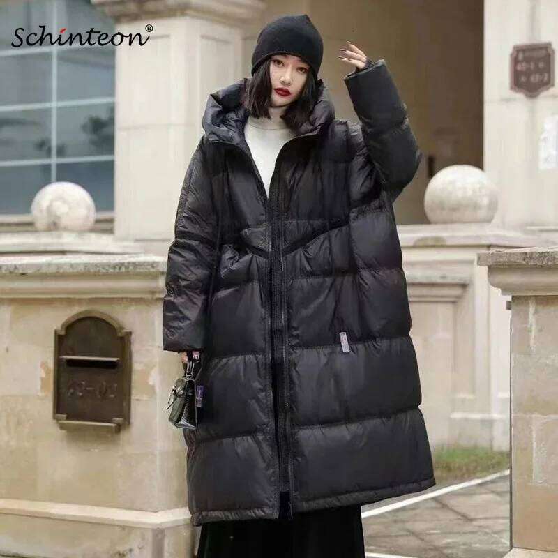 Schinteon Women White Duck Down Jacket With Hood Autumn Winter Warm Long Outwear Over Size Loose Coat 2025 New MDNG