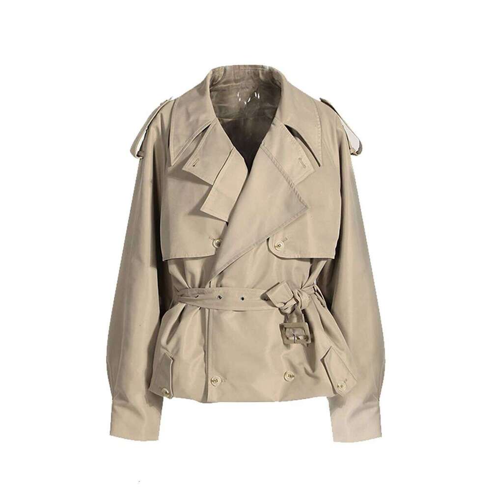 CHICEVER Oversize Spliced Lace Up Jacket For Women Lapel Long Sleeve Patchwork Double Breasted Casual Short Trench Female Autumn