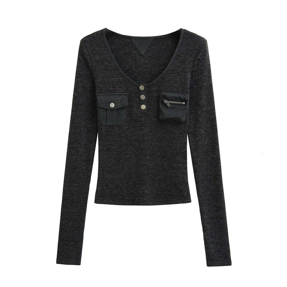American Style Spliced Base Shirt For Women, Autumn And Winter Inner Wear, Pocket Detail, Slim Fit Long Sleeve Slimming Knitted Top B5