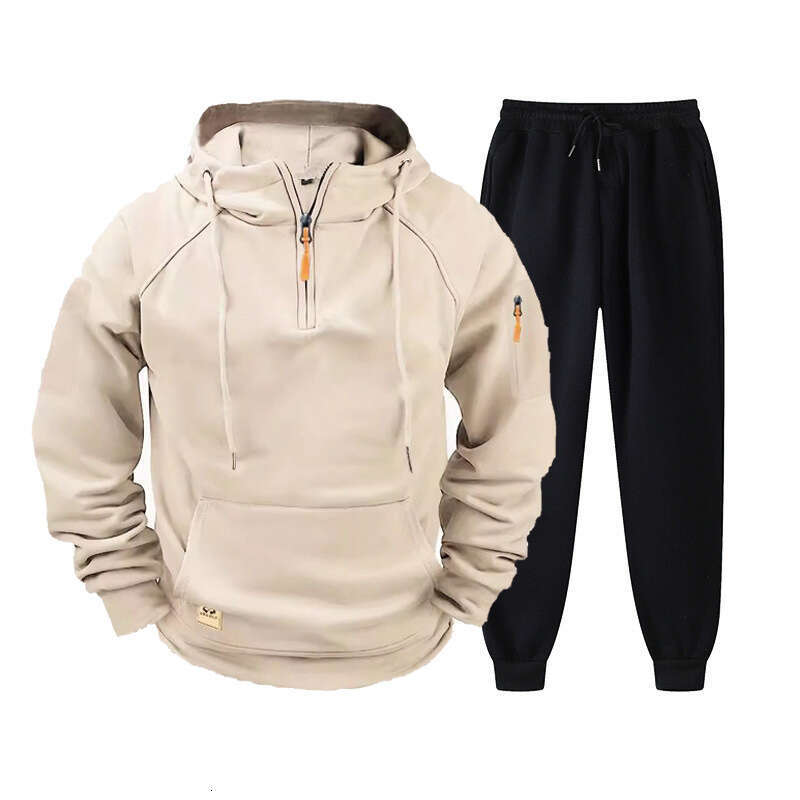Zipper Pullover Sports Set Fashion Multi-Pocket Fleece Men's Hoodie Sweatpants B5