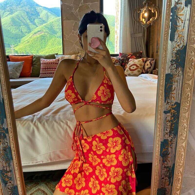 Sexy 3 Sets Bikini Women Floral Print Blue Swimwear With Skirt Strips Biquini Mini Micro Swimsuit Bathing Suit Korea Pad Jersey