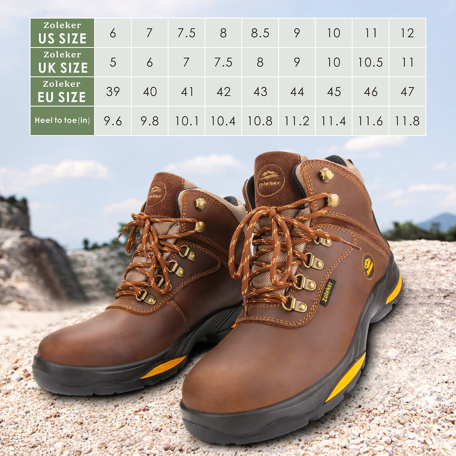 Zoleker Hike Boots for Men Soft Toe Slip Resistant Safety Shoes Waterproof AntiFatigue Brown 250717