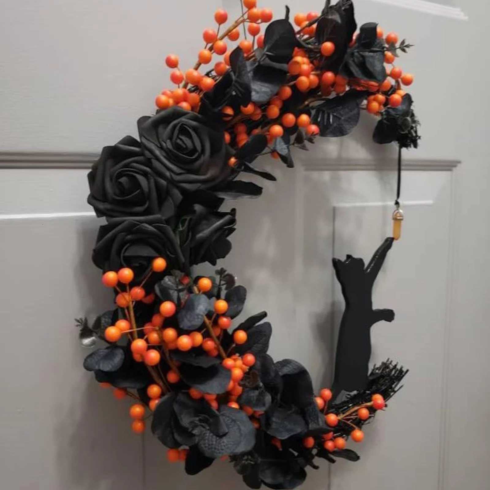 Halloween Gothic Rose Moon Cat Wreath Halloween Door Decoration Crystal Moon Wreath Z250718