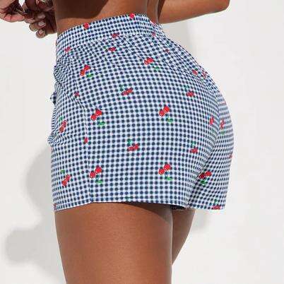 Women's Home Casual Hot Pants Cherry Plaid Print Button Beach Vacation Style High Waist Shorts B5 g7