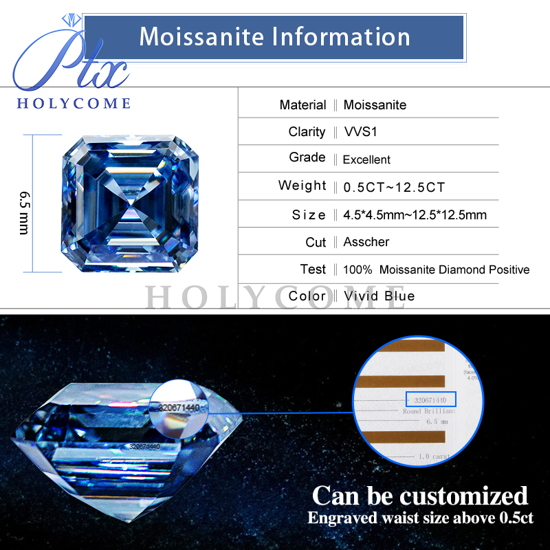 Never Fade Vivid Blue Loose Moissanite Stone Asscher Cut 0.5-10CT Various Shapes GRA Certified VVS1 Moissanite Diamond Ring Earrings Necklace Jewelry 