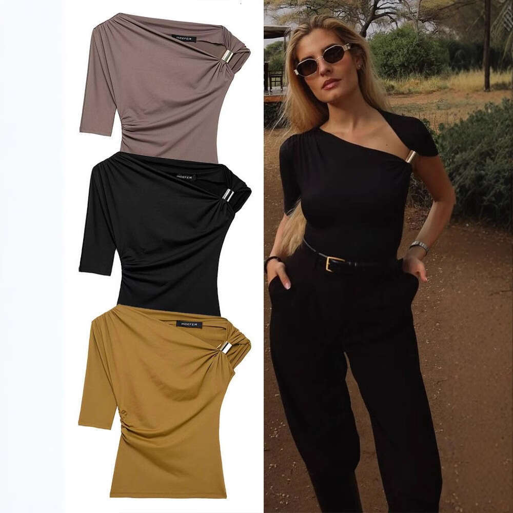 TRAFZA Metal Embellished Asymmetric Pullover Top Summer Ruched Single Sleeve Stretch Slim Fit Women's Casual T-Shirt B5