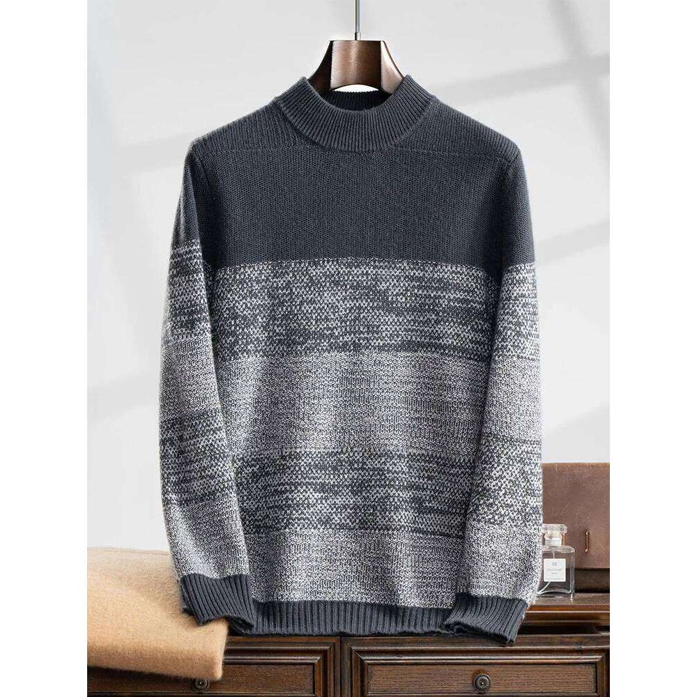 High Quality Men Sweater Mock Neck Striped Pullover Autumn Winter Thick 100% Cashmere Knitwear Soft Warm Clothing Tops