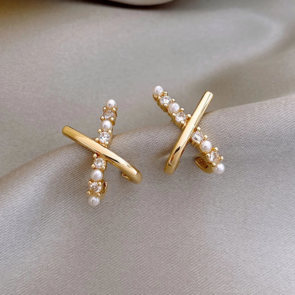 Yupsk Fashion Small Cross X-shape Zircon Pearl Earrings for Women Statement Unusual Accessories Wedding Party Jewelry 250717