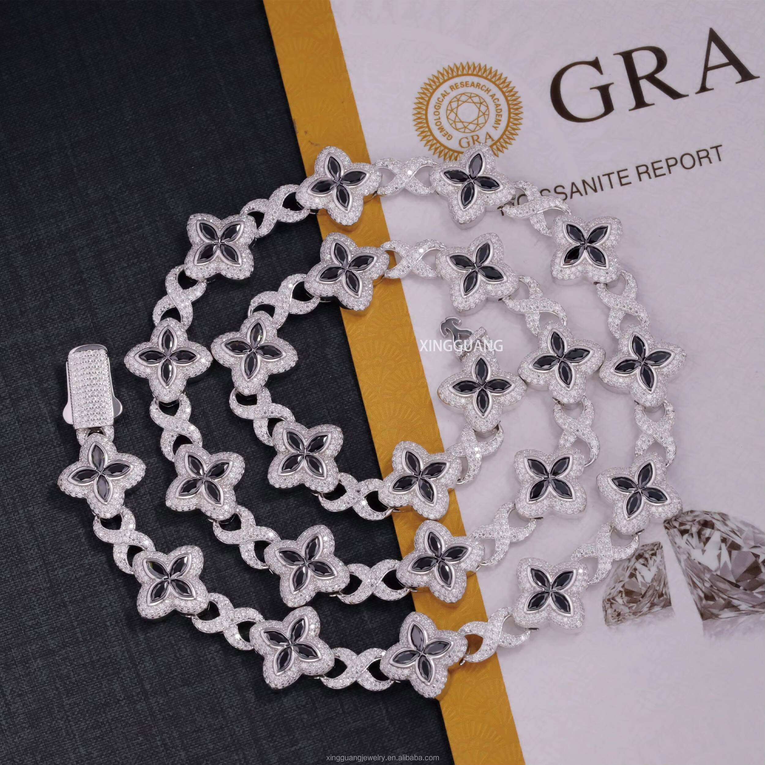 Fashion Black Diamond Marquise Cut Moissanite Clover Charms Infinity Cuban Links 925 Sterling Silver Cuban Link Chain Jewelry