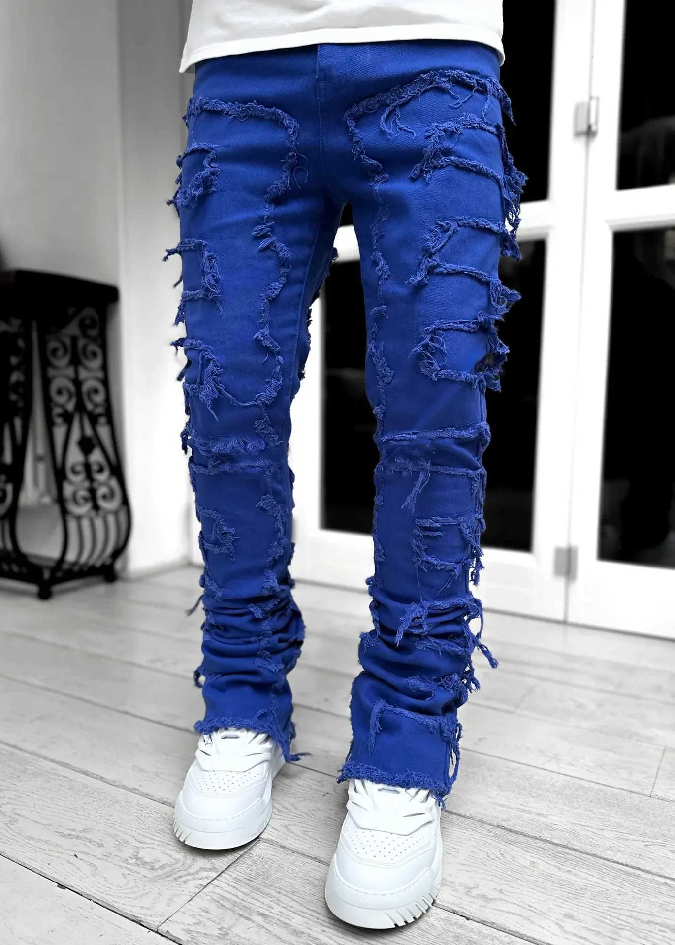 Fashion Streetwear Mens Regular Fit Stacked Jeans Ripped Slim Fit Patch Distressed Destroyed Straight Denim Pants 2024 S-3XL X2507181