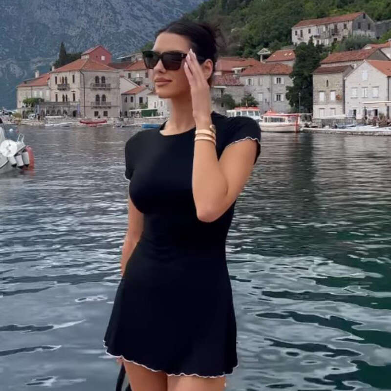 Autumn New Women's Fashion Color-Block Wave Edge Round Neck Short Sleeve Mini Bodycon Dress B5