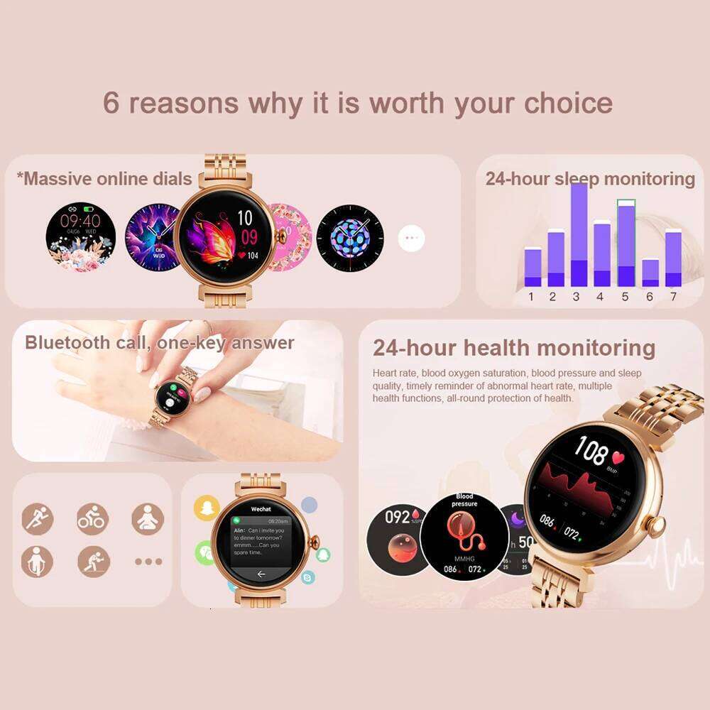 1.04 inch AMOLED Fashion Ladies Smart Always Display Bluetooth Call Smartwatch Metal Body Small Screen Watch free shipping