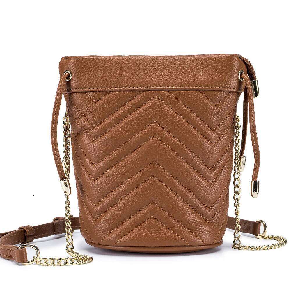 2025 New Genuine Top Grain Leather Women's - Chic Chain Strap, Striped Embroidery Soft Small Bucket Shoulder & Crossbody Bag