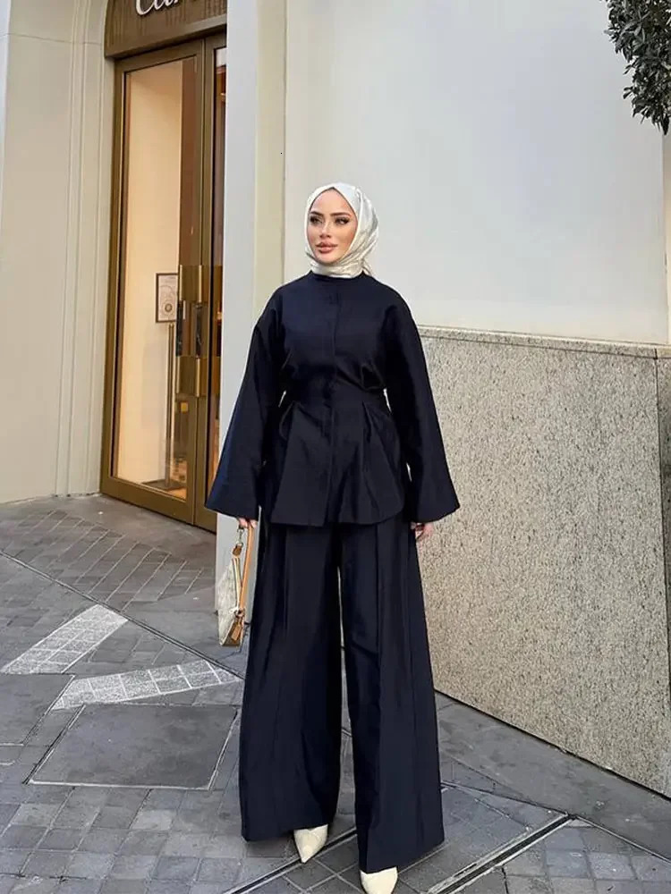 Fashion Womens Waist-Closed Trouser Suit Long Sleeve Button Pleated Wide Leg Pants Lady Set 2025 2 Pieces Set Women Outfits 250715