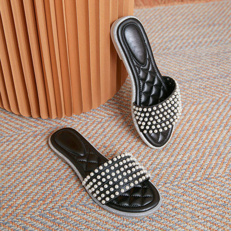 2025 Summer New Pearl Strap Flat Slippers Women, Suitable Daily Home and Outdoor Wear, Fashionable Single Shoes for Women