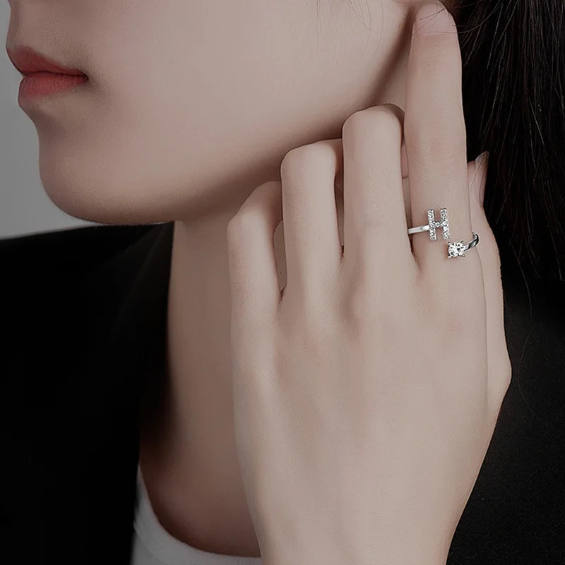 Zircon Initial AZ Letter Ring For Women Metal Adjustable Opening Name Alphabet Female Wedding Gift anillos mujer 250716