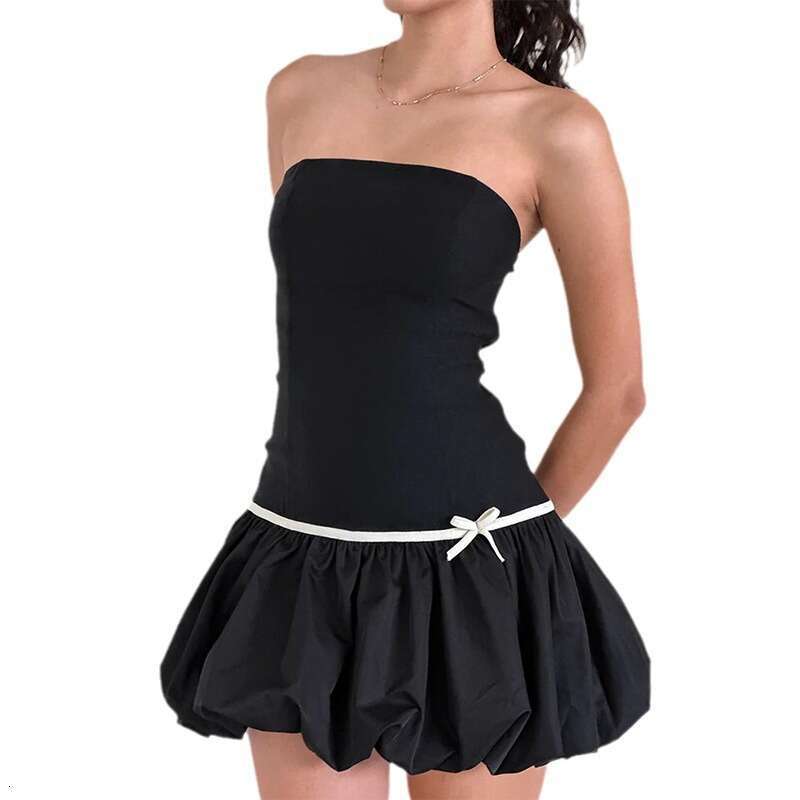 Women's Autumn New Ins Style Color-Block Simple Strapless Slim Fit Flower Bud Dress B5