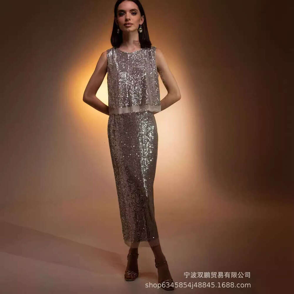 Vest + Sequin Long Elegant Sexy Versatile Set For Women Party Dress B5