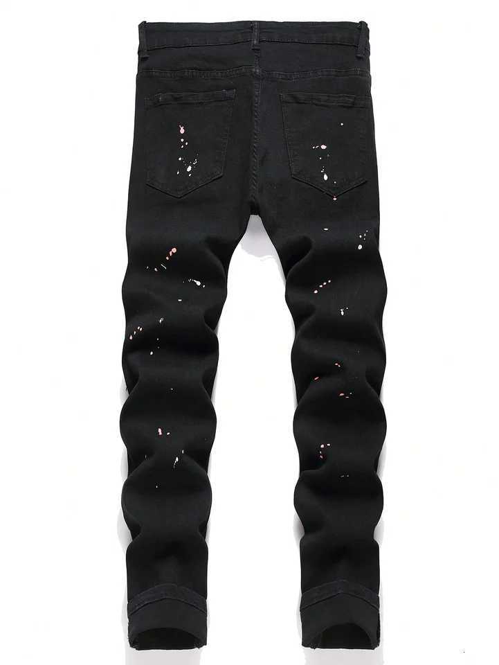 Men Y2K Stretchy Skinny Denim Jeans for Men Casual Pants Ripped Patchwork Hole Slim Fit Denim Hip Hop Black Straight Trousers X2507181