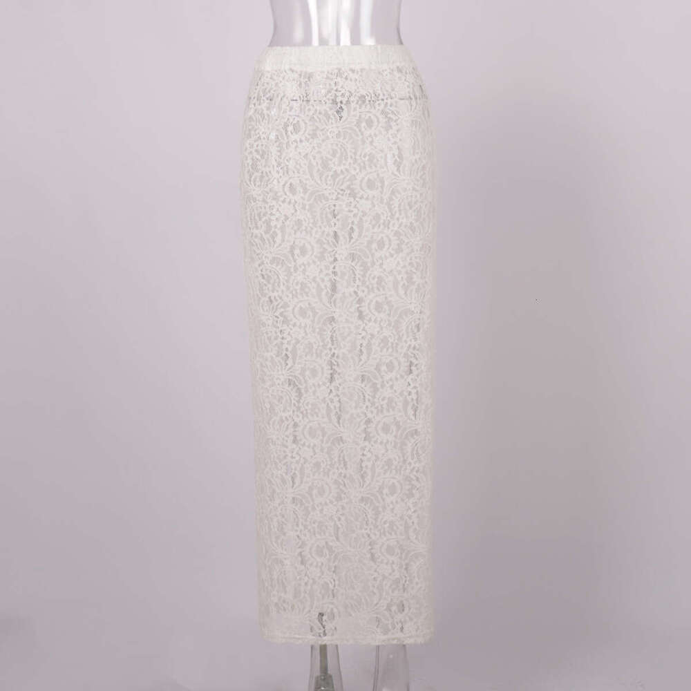 White Summer Street Fashion Jacquard Hollow Back Split Lace Midi Skirt B5