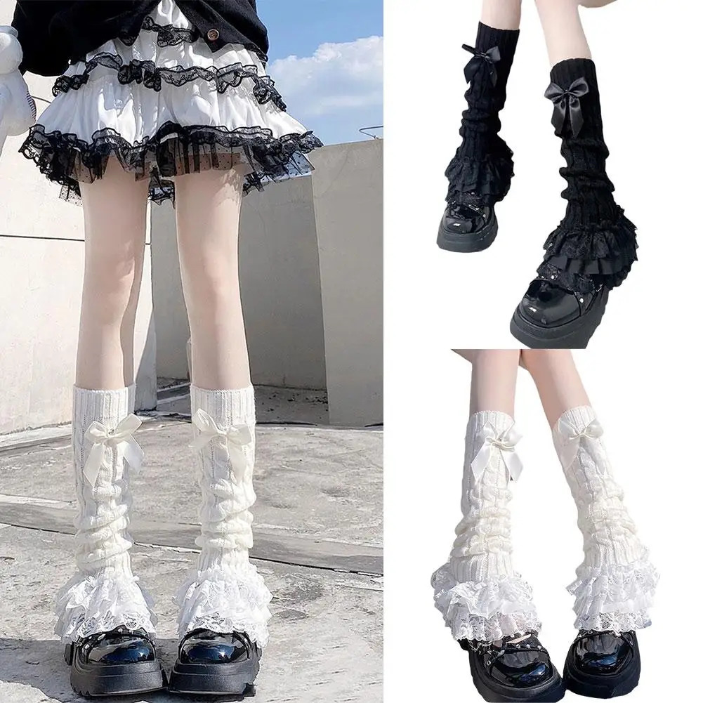Japanese Women Knitted Leg Warmer Bow Tiered Ruffled Socks Girl Lace Lolita Socks Calf T-shaped Lace Leg Horn Warmers Women P1J5 250717