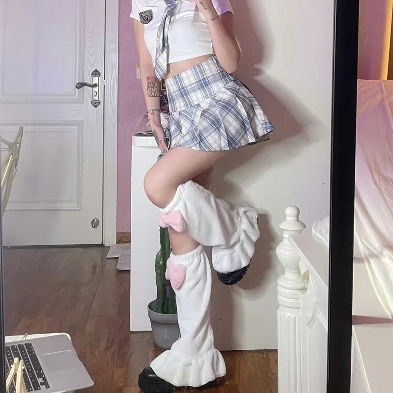 Sweet Pink Bow Tie Leg Warmers Kawaii Japanese Plush Fur Leg Winter Warm Y2K Leg Covers Harajuku Bow Boot Cuffs JK Lolita Sock 250717