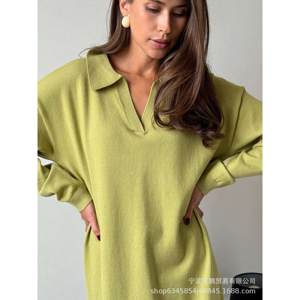 Autumn Winter Scissors Collar Soft Sweater Elegant Versatile Loose Long Dress Ins Style B5