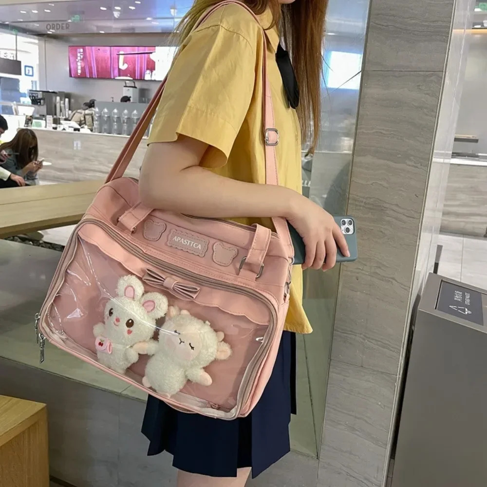 Japanese Cute Transparent Canvas Itabag Fashion Girls One Shoulder Bag Student Personality Crossbody Bag with Badge Doll Ita Bag 250714