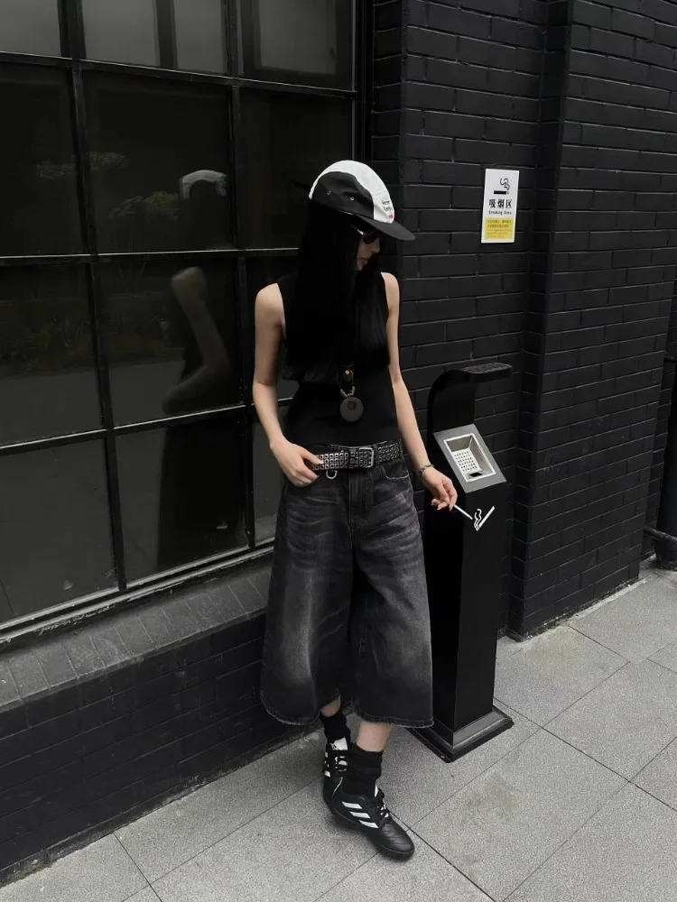 Women Black Y2k Style Baggy Denim Shorts Wide Leg Pants Trendy High Waisted Dark Wash Jeans Female Casual Retro 2000s 250714