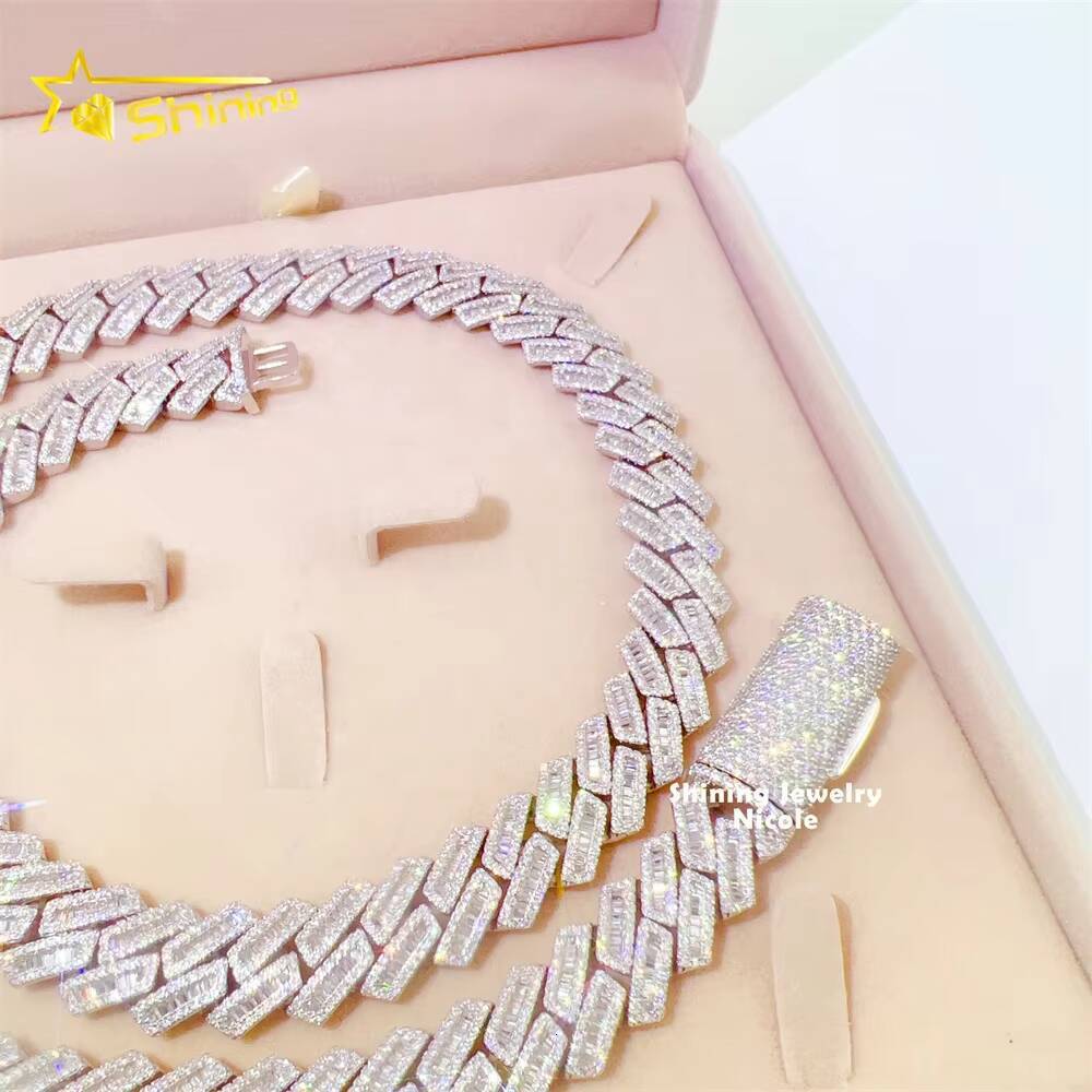 Fine Jewelry High Quality Bling 925 Silver 15mm Hip Hop Miami Iced Out Vvs Moissanite baguette Cuban Link Chain