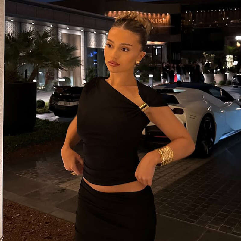 Ins Women's ZR Same Style Solid Color Single Sleeve Off-Shoulder Asymmetric Ruched Crop Tight T-Shirt Top B5