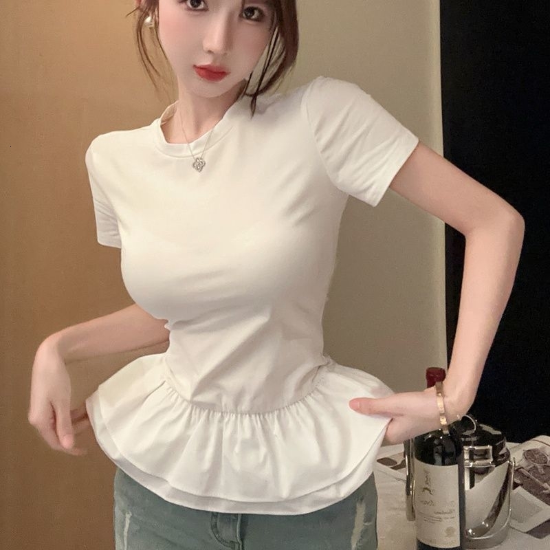 Ruffles Two Piece Short Sleeve Korean Tops Summer Slim Solid Cute Sweet TShirts Fashion Temperament Trend Women Clothing 250703