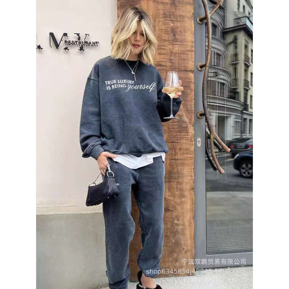 25 Autumn Winter New Pure Cotton Printed Vintage Top + Pants Simple Letter Loose Knitted Sweatshirt Set B5