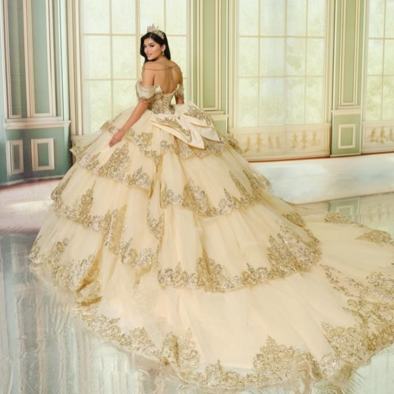 Champagne Shiny Quinceanera Dresses Ball Gown Off The Shoulder Sequin Applique Lace Bow Beading Tull Corset Party Birthday Sweet 16 Dress Vestidos 15 