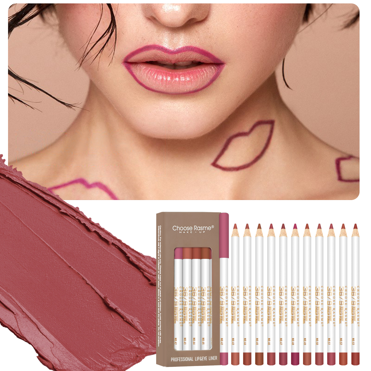 Choose Rasme 12PCS Matte Lip Liner Set - Nude, Rose & Brown Shades, Waterproof Long Lasting Lip Pencils for Lipstick Outline Makeup
