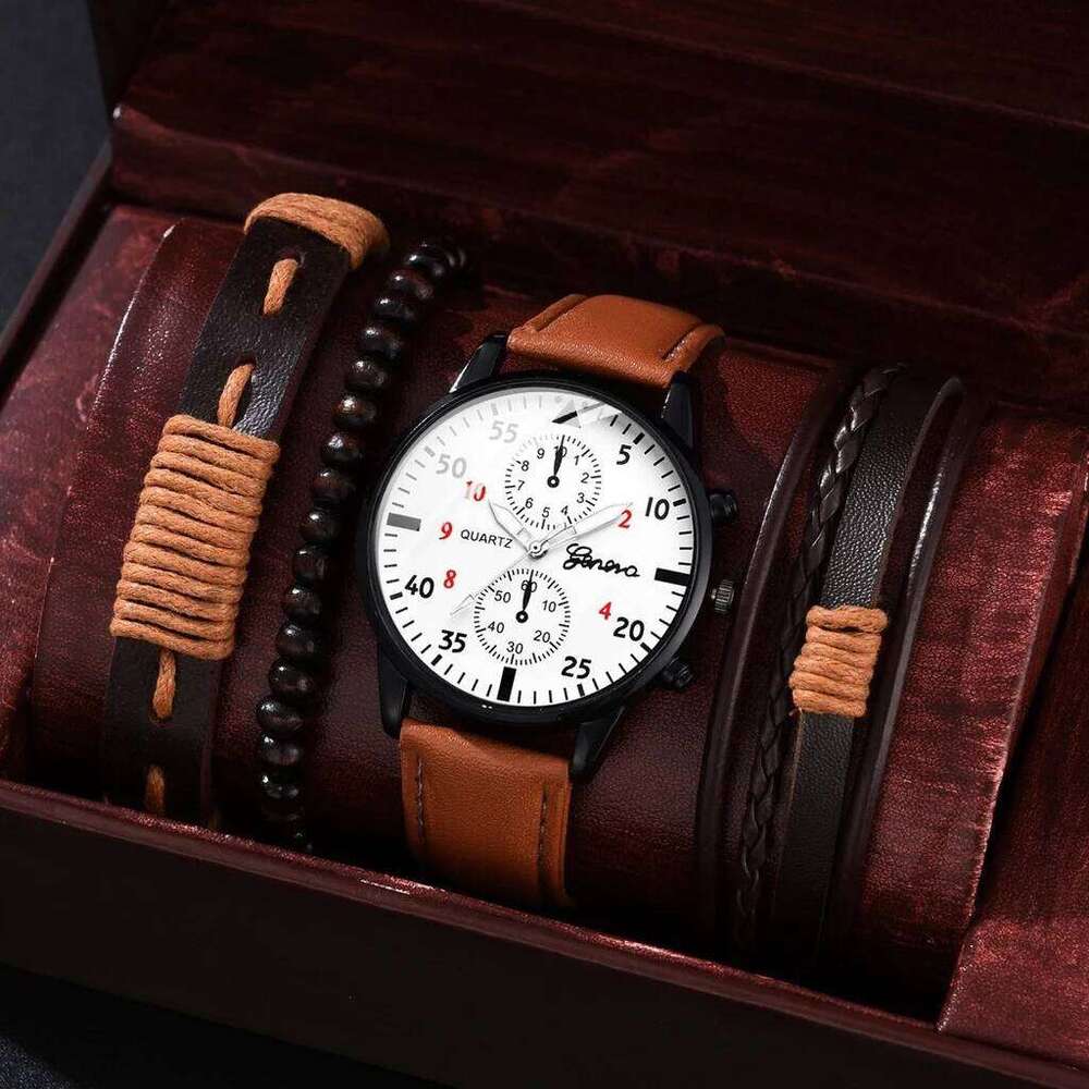 Kegllect Men Watch Set with Bracelet Casual Leather Band Quartz Clocks free shipping free shipping